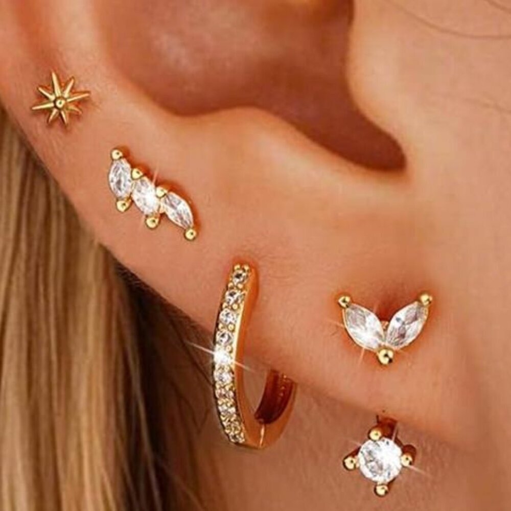 4 Pairs 14K Gold Plated Stud Earrings for Women, Hypoallergenic Cartilage Set